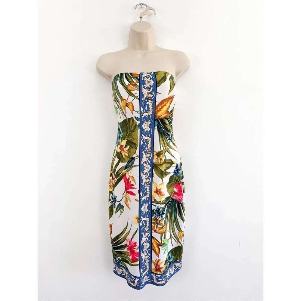 Cache Women’s Y2K Bright Tropical Floral Strapless Stretch Jersey Fitted Mini Dr
